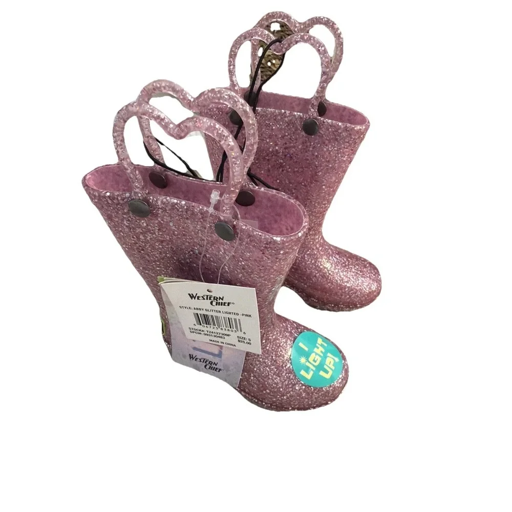 Western Chief Toddler Girl Size 5 Abby Glitter Lighted Rain Boots NWT Shiny